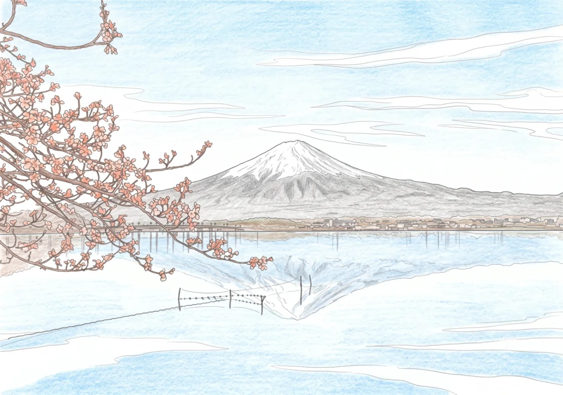 富士山と湖の桜のぬりえ ぬりあがりイメージ