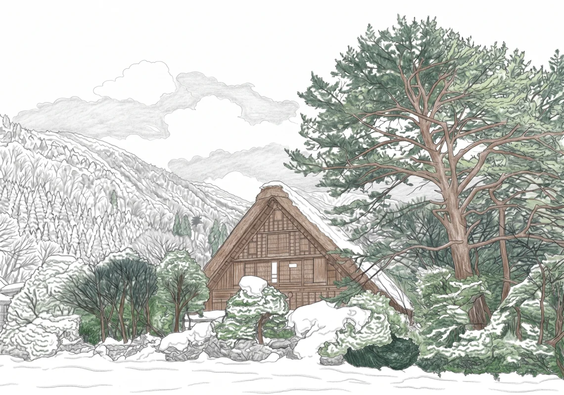 雪の合掌造りのぬりえ ぬりあがりイメージ