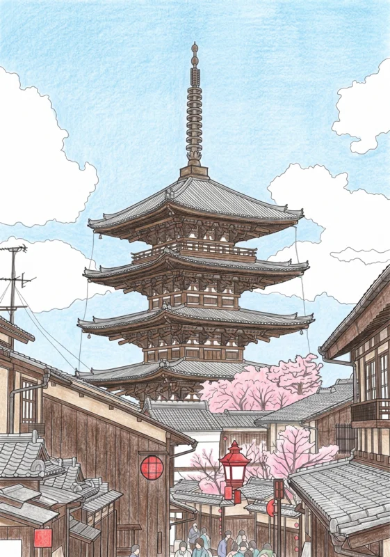 五重塔と桜の街並みのぬりえ ぬりあがりイメージ